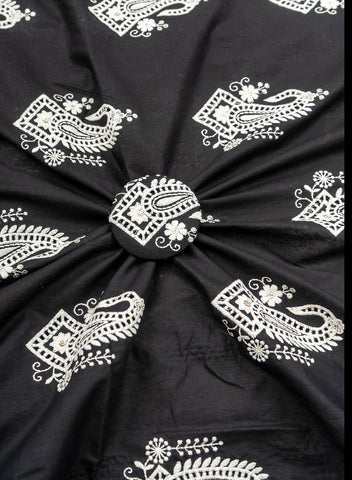 (Per Cut-1 Meter)  Pure Cotton Cambric black Color With White Paisley Thread Embroidery Fabric.