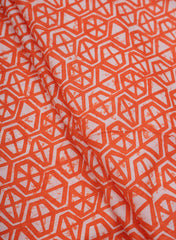 Cotton Mulmul Orange Color Geometrical Pattern Screen Print Fabric.