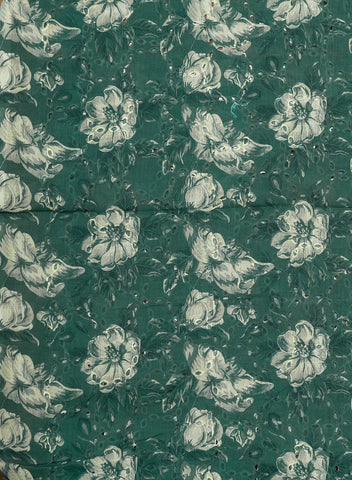 (Pre Cut-1 Meter) Linen Schiffli Forest Green Color Floral Print Embroidery Fabric
