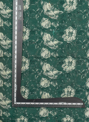 (Pre Cut-1 Meter) Linen Schiffli Forest Green Color Floral Print Embroidery Fabric