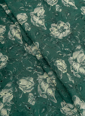 (Pre Cut-1 Meter) Linen Schiffli Forest Green Color Floral Print Embroidery Fabric