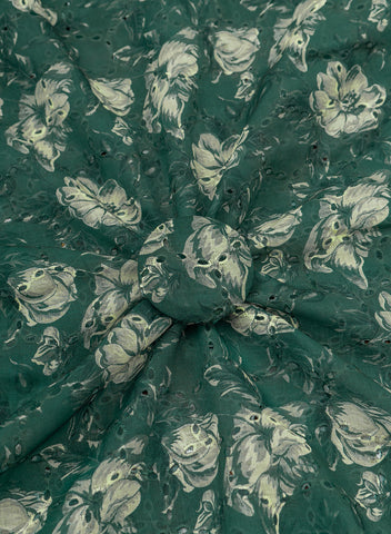 (Pre Cut-1 Meter) Linen Schiffli Forest Green Color Floral Print Embroidery Fabric