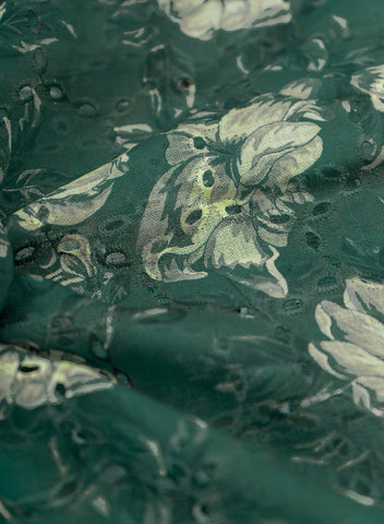 (Pre Cut-1 Meter) Linen Schiffli Forest Green Color Floral Print Embroidery Fabric