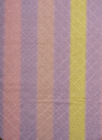 (Pre Cut-2.5 Meter) Linen Schiffli Multi Color Stripes Digital Print Embroidery Fabric