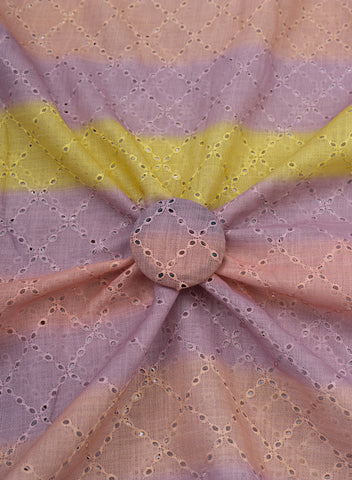 (Pre Cut-2.5 Meter) Linen Schiffli Multi Color Stripes Digital Print Embroidery Fabric
