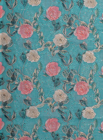 (Pre Cut-1 Meter) Linen Schiffli Aqua Blue Color Floral Digital Print Embroidery Fabric