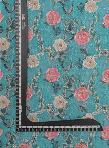 (Pre Cut-1 Meter) Linen Schiffli Aqua Blue Color Floral Digital Print Embroidery Fabric