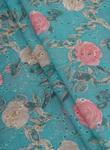 (Pre Cut-1 Meter) Linen Schiffli Aqua Blue Color Floral Digital Print Embroidery Fabric