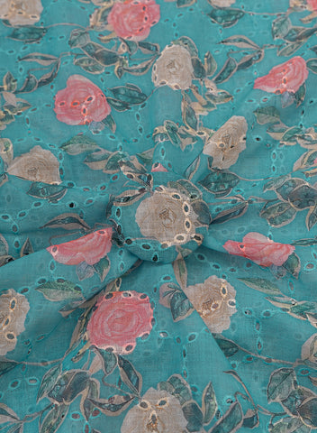 (Pre Cut-1 Meter) Linen Schiffli Aqua Blue Color Floral Digital Print Embroidery Fabric