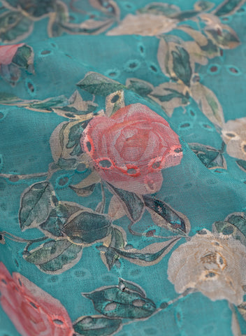 (Pre Cut-1 Meter) Linen Schiffli Aqua Blue Color Floral Digital Print Embroidery Fabric