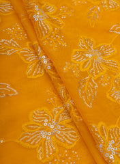 Pure Georgette Mustad Yellow Color Floral Pattern Sequins Embroidery Fabric.