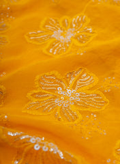 Pure Georgette Mustad Yellow Color Floral Pattern Sequins Embroidery Fabric.