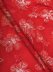 Pure Georgette Carmine Red Color Floral Pattern Sequins Embroidery Fabric.