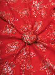 Pure Georgette Carmine Red Color Floral Pattern Sequins Embroidery Fabric.