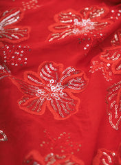 Pure Georgette Carmine Red Color Floral Pattern Sequins Embroidery Fabric.