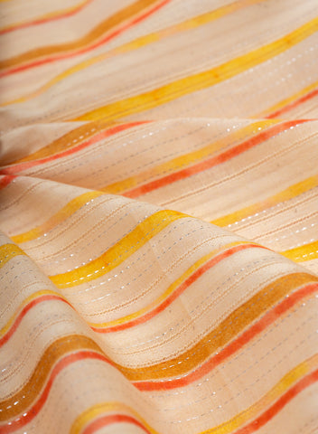(Pre Cut -1.5 Meter) Pure Cotton Cream And Yellow Color Jacqurad Lurex With Stripes Digital Print Fabric.