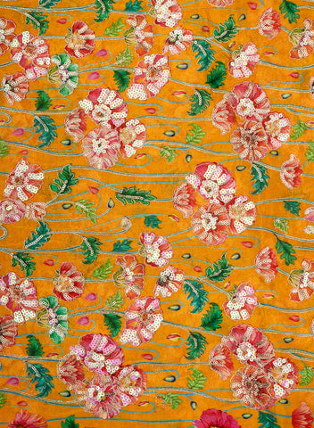 (Pre Cut-2.5 Meter) Pure Chinnon Chiffon Amber Yellow Color Floral Placement Print With Sequins Embroidery Fabric.