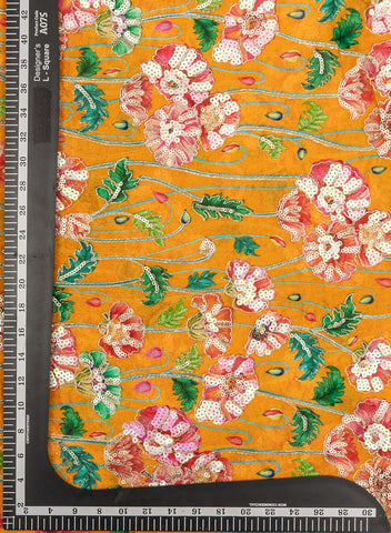 (Pre Cut-2.5 Meter) Pure Chinnon Chiffon Amber Yellow Color Floral Placement Print With Sequins Embroidery Fabric.