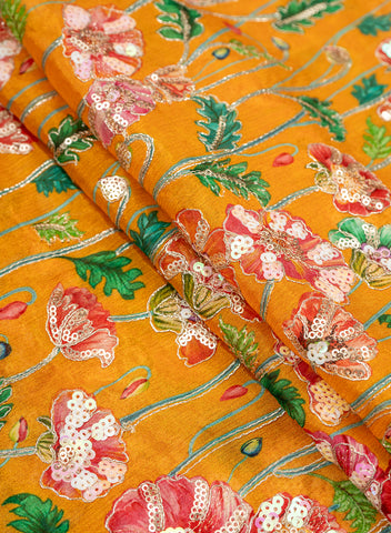 (Pre Cut-2.5 Meter) Pure Chinnon Chiffon Amber Yellow Color Floral Placement Print With Sequins Embroidery Fabric.