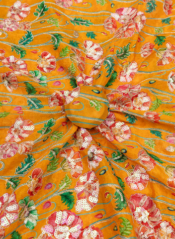 (Pre Cut-2.5 Meter) Pure Chinnon Chiffon Amber Yellow Color Floral Placement Print With Sequins Embroidery Fabric.
