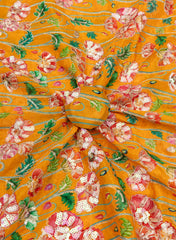 Pure Chinnon Chiffon Amber Yellow Color Floral Placement Print With Sequins Embroidery Fabric.