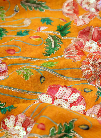 (Pre Cut-2.5 Meter) Pure Chinnon Chiffon Amber Yellow Color Floral Placement Print With Sequins Embroidery Fabric.