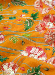 Pure Chinnon Chiffon Amber Yellow Color Floral Placement Print With Sequins Embroidery Fabric.