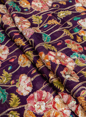 Pure Chinnon Chiffon Purple Color Floral Placement Print With Sequins Embroidery Fabric.