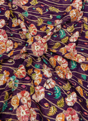 Pure Chinnon Chiffon Purple Color Floral Placement Print With Sequins Embroidery Fabric.