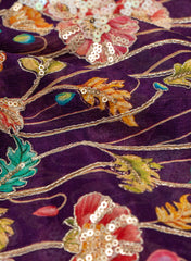 Pure Chinnon Chiffon Purple Color Floral Placement Print With Sequins Embroidery Fabric.