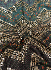 Pure Chinnon Chiffon Multi Color Zig-Zag Pattern Sequins Embroidery Fabric.