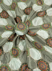 Pure Chinnon Chiffon Shades Of Green Color Floral Placement Print With Sequins Embroidery Fabric