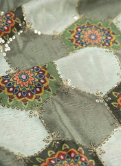 Pure Chinnon Chiffon Shades Of Green Color Floral Placement Print With Sequins Embroidery Fabric