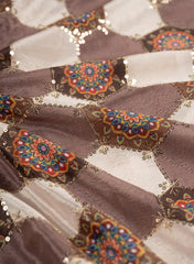 Pure Chinnon Chiffon Shades Of Brown Color Floral Placement Print With Sequins Embroidery Fabric