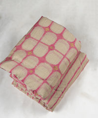 Banarasi Chanderi Off-White and Pink Color Stripes Pattern Screen Print Fabric.