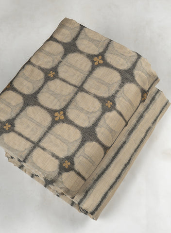 (Pre Cut -2 Meter) Banarasi Chanderi Off-White and Grey Color Stripes Pattern Screen Print Fabric.