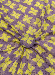Pure Chiffon Butti Purple And Green Color Geometrical Pattern Natural Print Fabric.