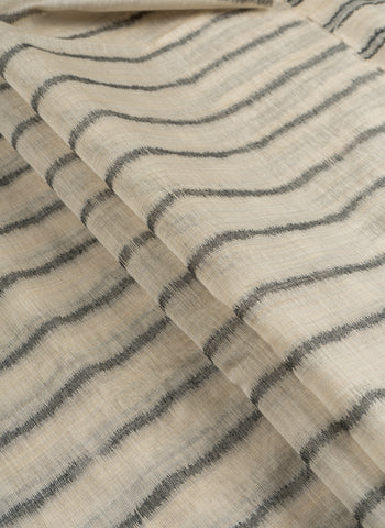 (Pre Cut -2 Meter) Banarasi Chanderi Off-White and Grey Color Stripes Pattern Screen Print Fabric.