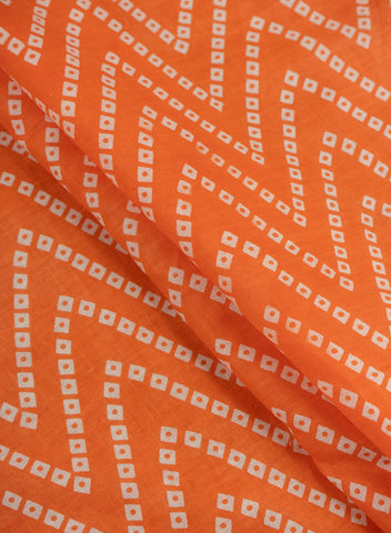 (Pre Cut-2 Meter) Cotton Mulmul Sunrise Orange Color Bandhani Pattern Screen Print Fabric.