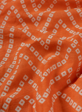 (Pre Cut-2 Meter) Cotton Mulmul Sunrise Orange Color Bandhani Pattern Screen Print Fabric.