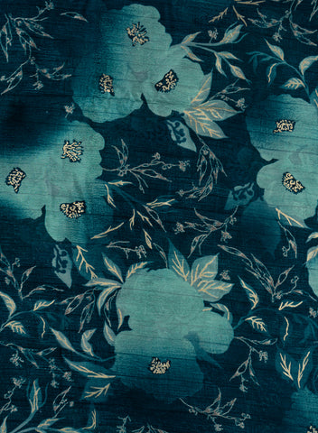 (Precut - 2 Meter) Pure Chinnon Chiffon Dark Blue Color Floral Digital Print Fabric With Foil