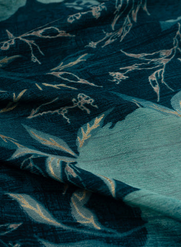 (Precut - 2 Meter) Pure Chinnon Chiffon Dark Blue Color Floral Digital Print Fabric With Foil