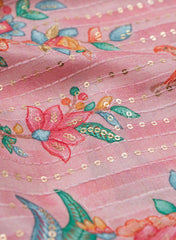 Pure Chinnon Chiffon Light Pink Color Floral Pattern Sequins Embroidery Fabric.