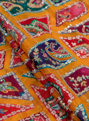 Pure Chinnon Chiffon Amber Yellow Color Traditional Pattern Sequins Embroidery Fabric.