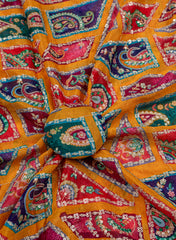 Pure Chinnon Chiffon Amber Yellow Color Traditional Pattern Sequins Embroidery Fabric.
