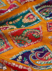 Pure Chinnon Chiffon Amber Yellow Color Traditional Pattern Sequins Embroidery Fabric.