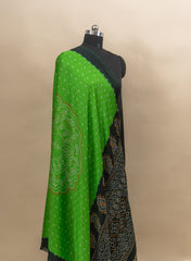 Pure Modal Satin Parrot Green Color Bandhani Digital Print With Lagdi Patta Dupatta 42-Inches.