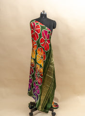 Pure Modal Satin Dark Green Color Floral Digital Print With Lagdi Patta Dupatta 42-Inches.
