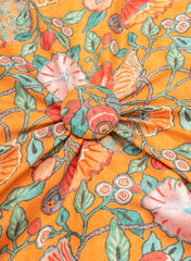 Pure Muslin Tangerine Color Floral Digital Print Fabric.