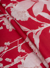 Pure Muslin Red Color Floral Screen Print Fabric With Foil .